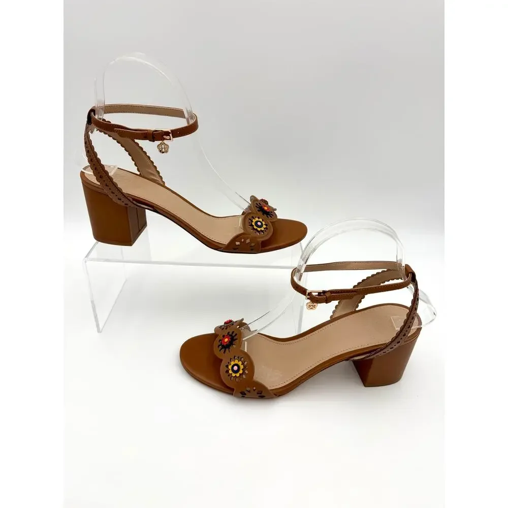 Tory Burch Marguerite Beaded Sandals Brown Leather Multi Size 7.5 Ankle Strap